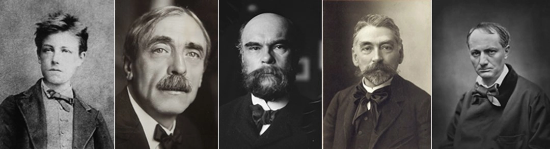 Soldan sağa Arthur Rimbaud, Paul Valéry, Paul-Marie Verlaine, Stéphane Mallarmé, Charles Baudelaire. 