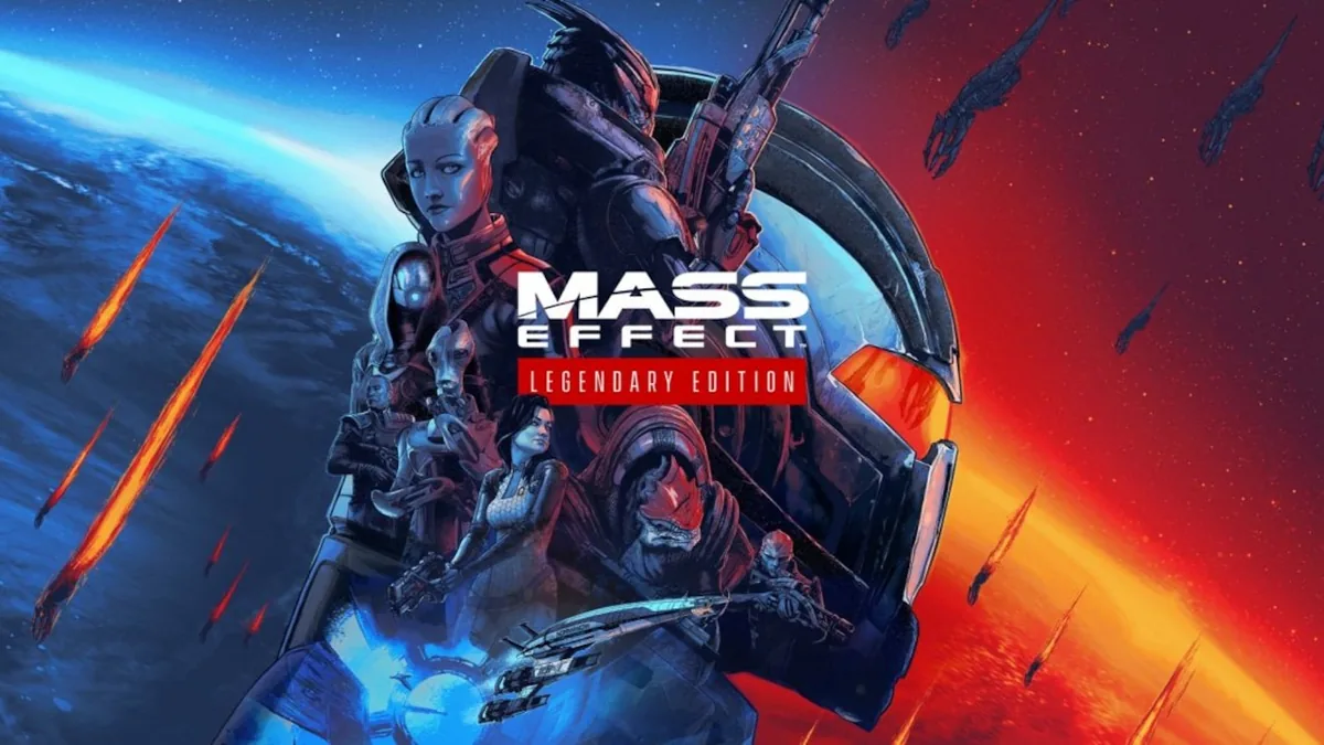 Mass Effect Legendary Edition resmi kapak gorseli - Commander Shepard ve kadrosu, uzay atmosferi