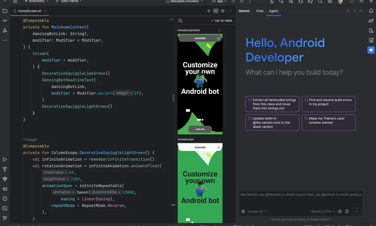 Android Studio kod editoru ve IDE arayuzu: proje agaci, Kotlin kod paneli ve onizleme bolumleri -- android studio uygulama gelistirme