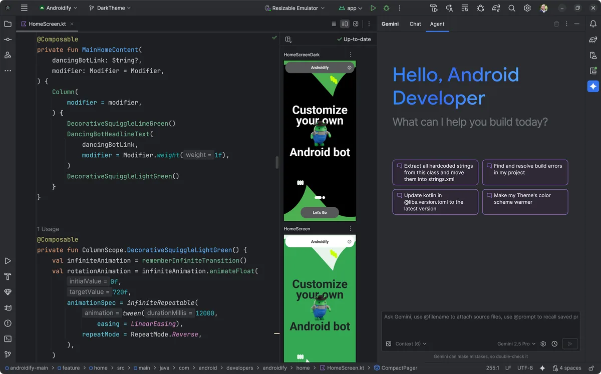Android Studio kod editoru ve IDE arayuzu: proje agaci, Kotlin kod paneli ve onizleme bolumleri -- android studio uygulama gelistirme