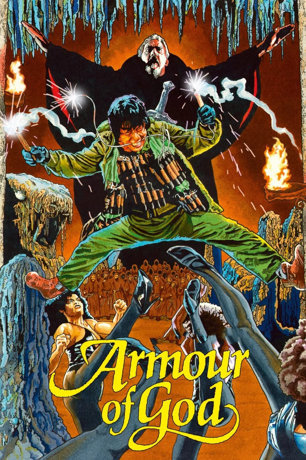 Armour of God filminin resmi afişi, Jackie Chan dinamitli aksiyon pozunda