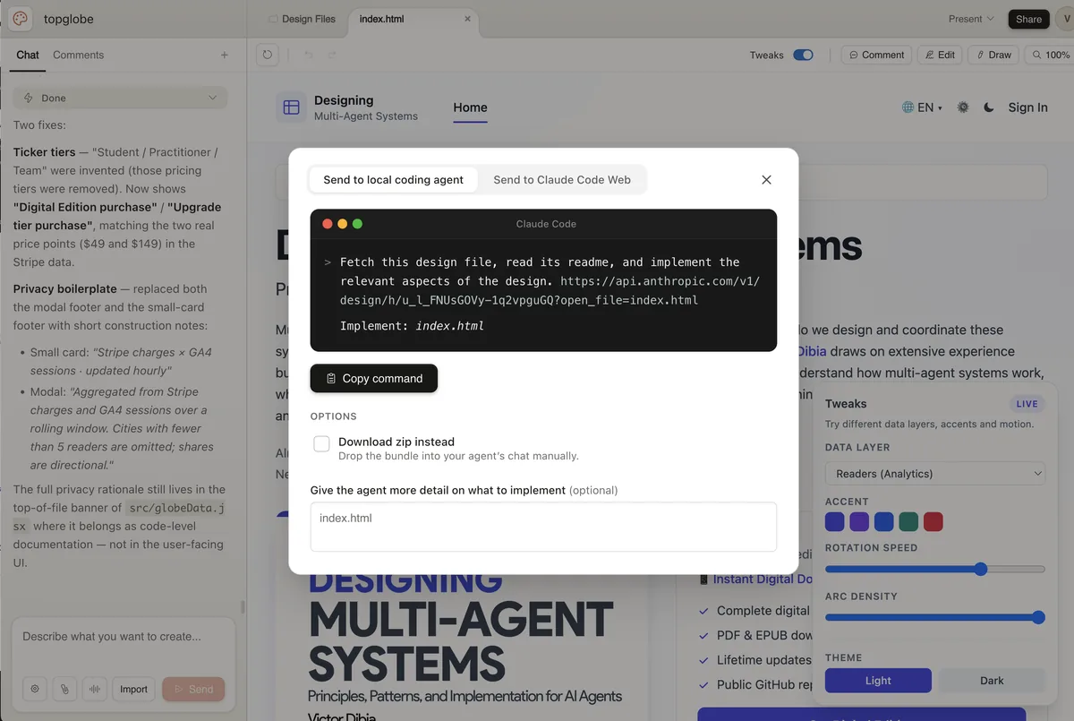Claude Design tasarımını Claude Code'a aktarma diyaloğu: tasarım dosyasını yerel coding agent'a veya Claude Code Web'e gönderme seçenekleri