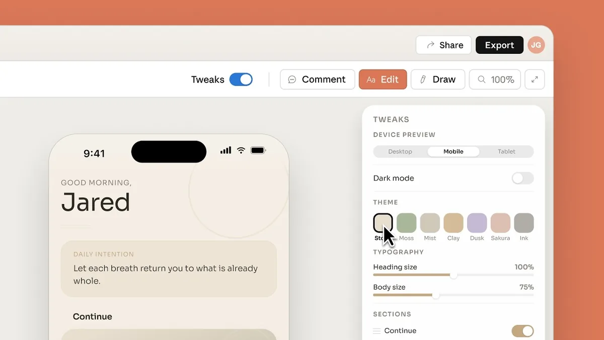Claude Design'da yapay zeka ile oluşturulan örnek mobil uygulama tasarımı: tuval üzerinde telefon ekranı ve Tweaks paneli