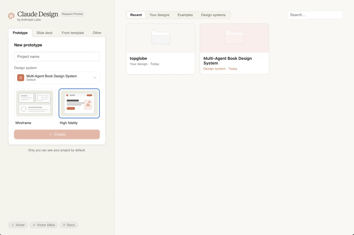 Claude Design'da yeni proje oluşturma ekranı: proje adı, tasarım sistemi seçimi ve şablon seçenekleri (Wireframe / High fidelity)