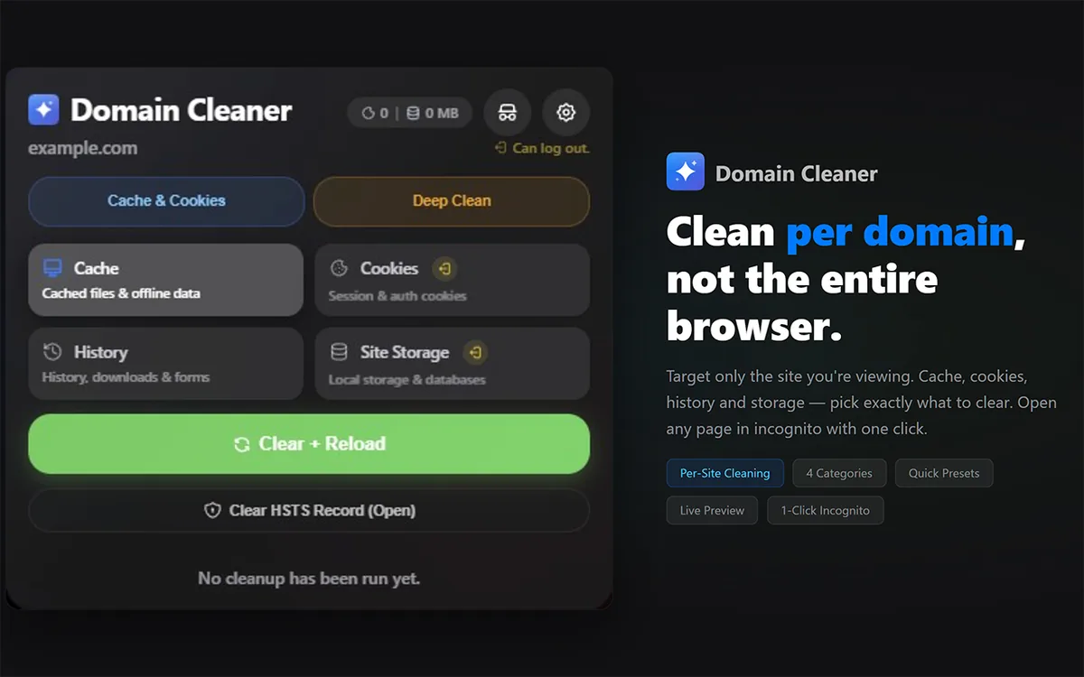 Domain Cleaner eklenti popup arayüzü: Önbellek, Çerezler, Geçmiş ve Site Depolaması kategorileri ile Önbellek ve Çerezler ve Derin Temizlik hazır profil düğmeleri