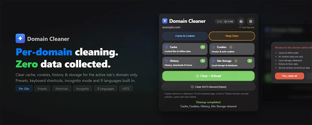 Domain Cleaner tarayıcı eklentisi — tek domain için önbellek, çerez ve site verilerini temizler