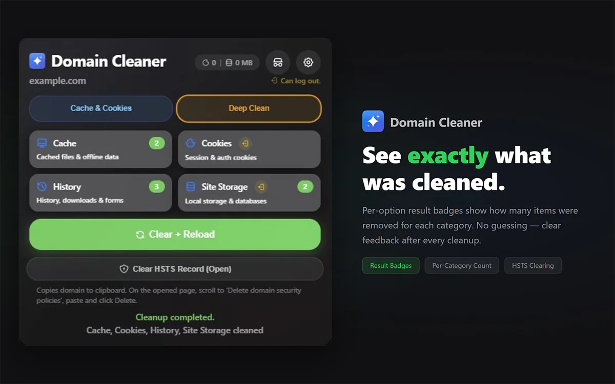 Domain Cleaner tarayıcı eklentisi ne işe yarar — temizlik tamamlandı ekranı: her kategori için silinen öğe sayısını gösteren sonuç rozetleri (Önbellek, Geçmiş, Site Depolaması)