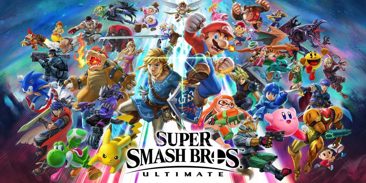 Super Smash Bros. Ultimate kapak görseli — Nintendo'nun en ikonik video oyunu karakterlerini bir arada gösteren resmi key art