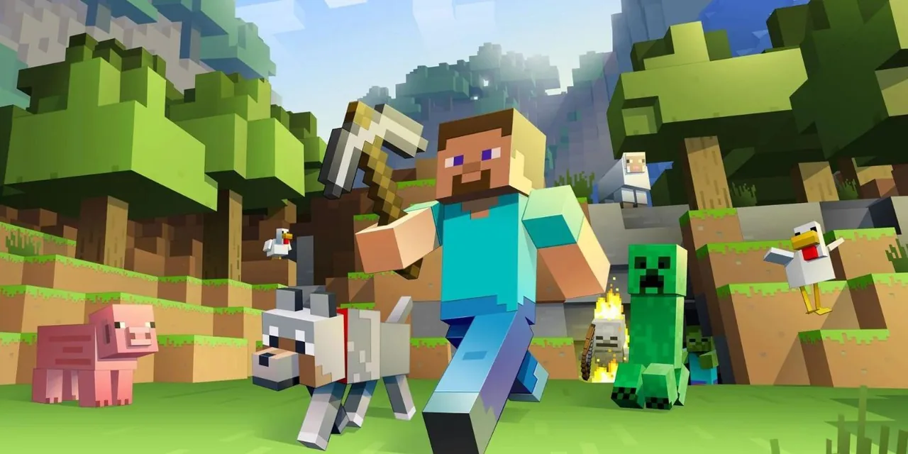 Steve — Minecraft'in köşeli bloklu varsayılan karakteri, elinde demir kazma, Mojang resmi görseli