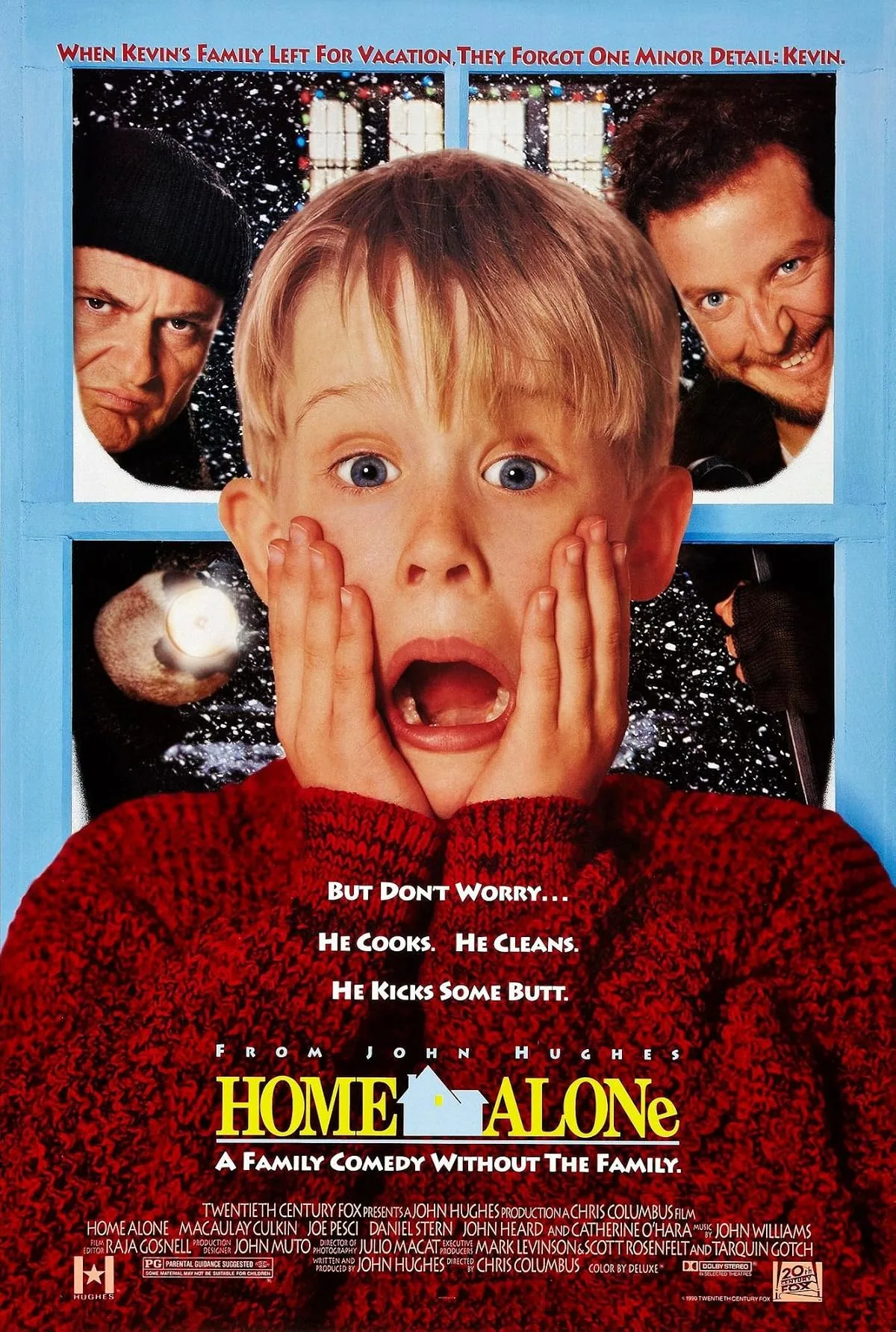 Evde Tek Başına 1990 filmi resmi afişi — Macaulay Culkin yanaklarında elleriyle
