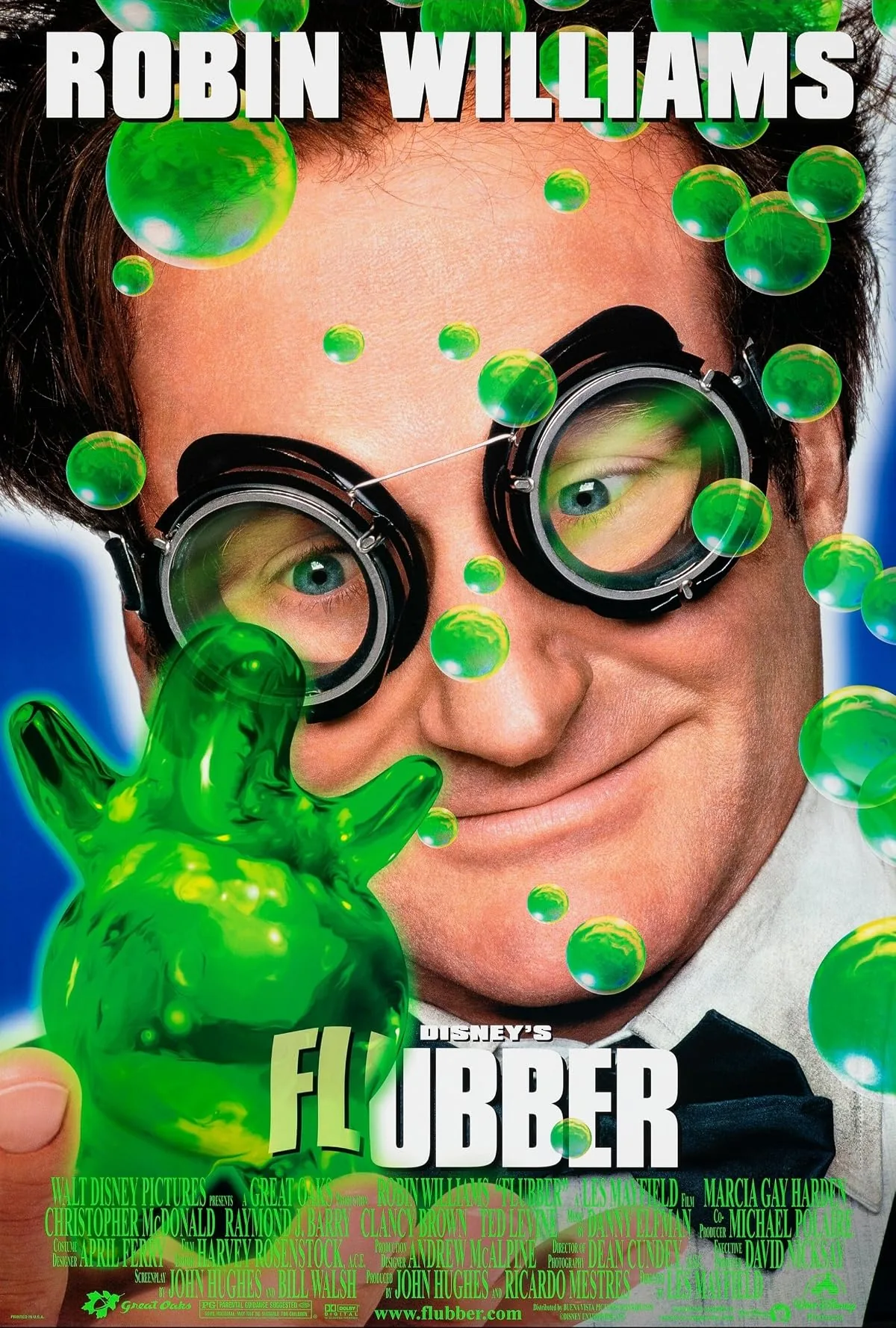 Flubber 1997 filmi resmi afişi — Robin Williams dalgın profesör rolünde