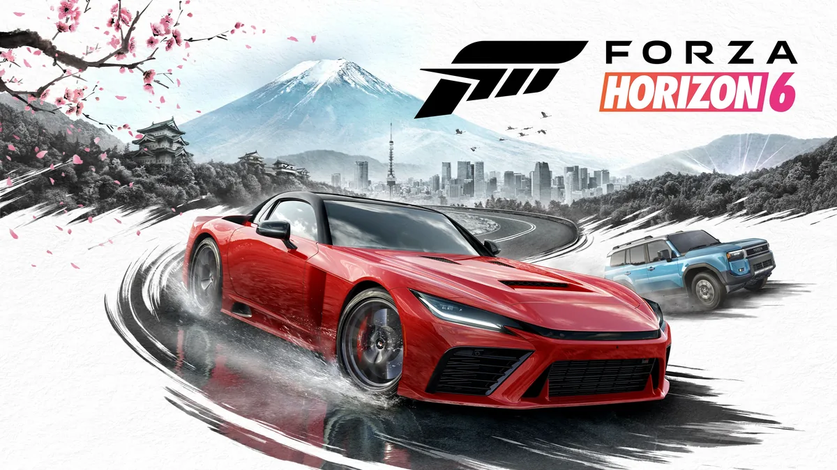 Forza Horizon 6 resmi key art: Japonya haritasinda modifiyeli araclar ve sehir manzarasi