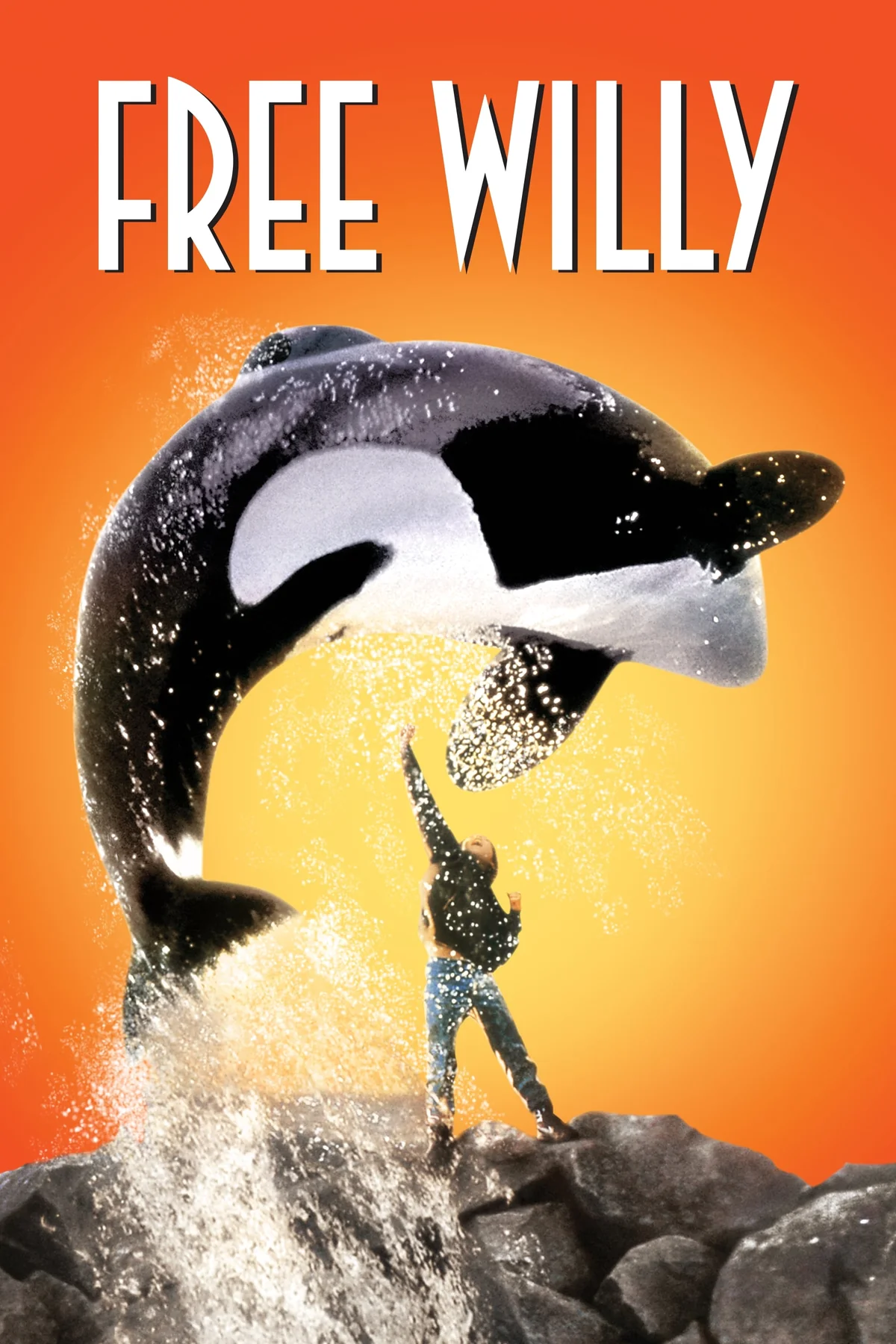 Free Willy 1993 filmi resmi afişi — çocuk ve katil balina dostluğu