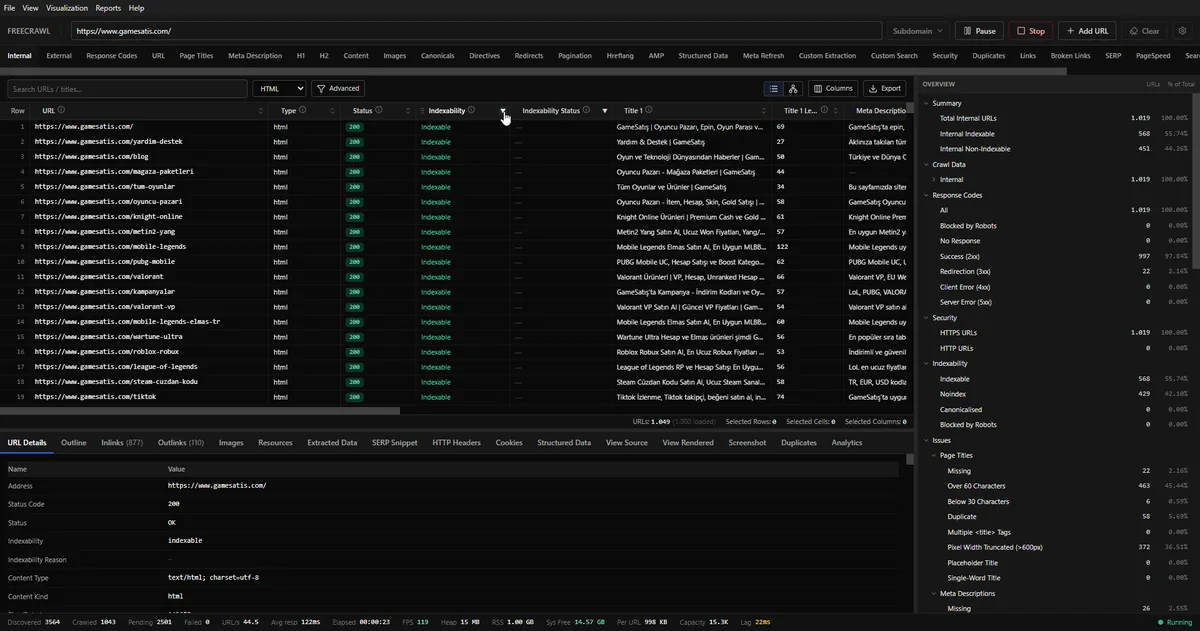 FreeCrawl SEO Tool Canonicals sekmesi denetim gorunumu