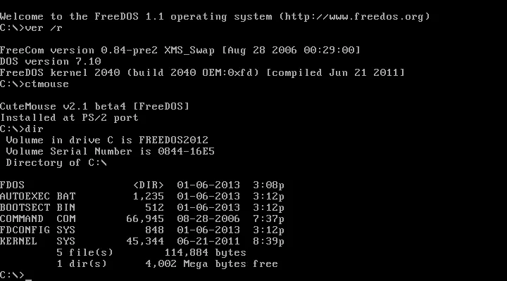 FreeDOS komut satiri ekrani - siyah DOS ekrani C prompt