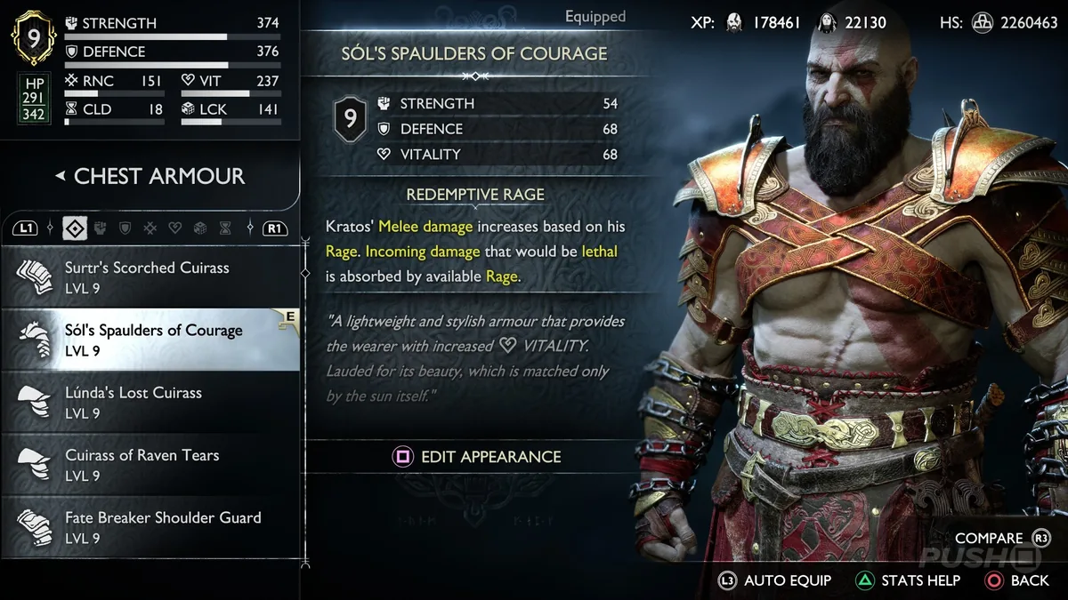 God of War Ragnarök Sol's Spaulders of Courage öfke zırh ekranı - öfke odaklı Doymak Bilmeyen Hiddet build