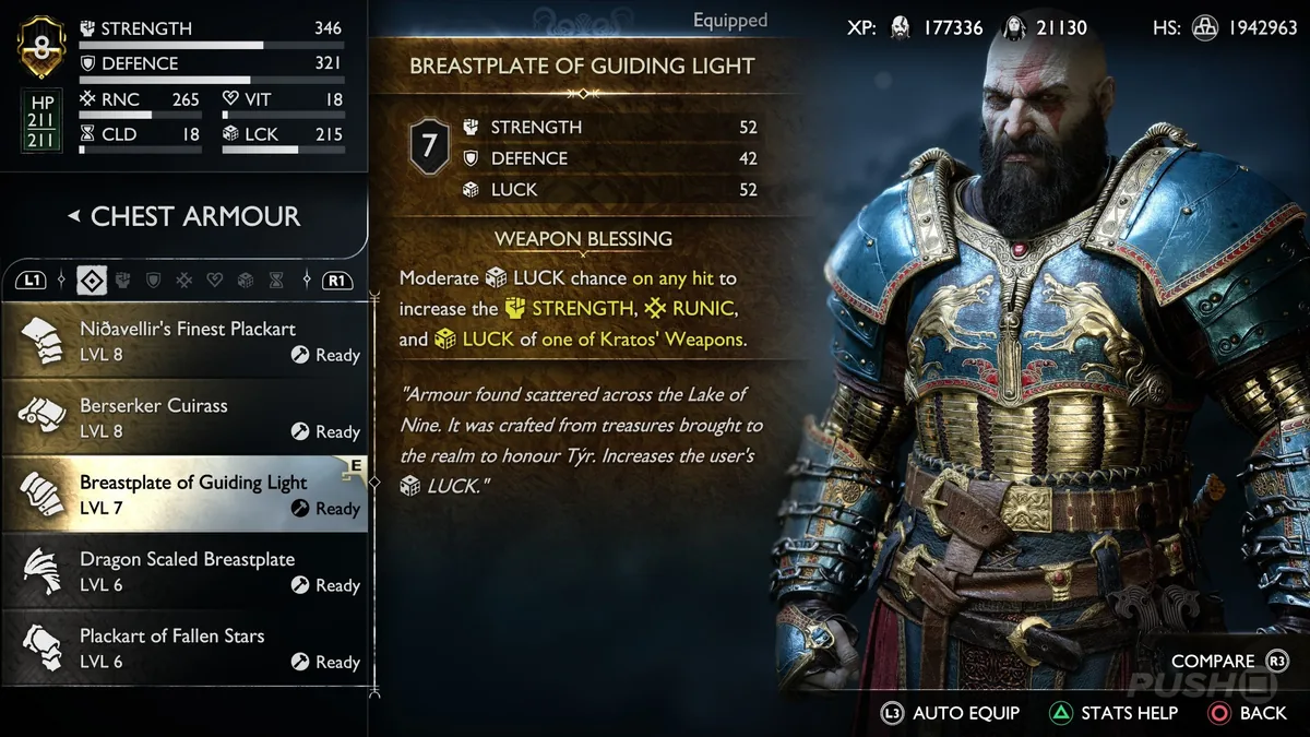 God of War Ragnarök Kratos ekipman ve istatistik paneli - Güç, Runik, Savunma, Canlılık, Bekleme, Şans değerleri