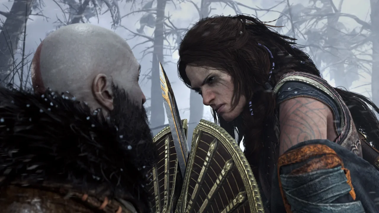God of War Ragnarok Kratos resmi key art - Leviathan Baltasi ile Iskandinavya manzarasi