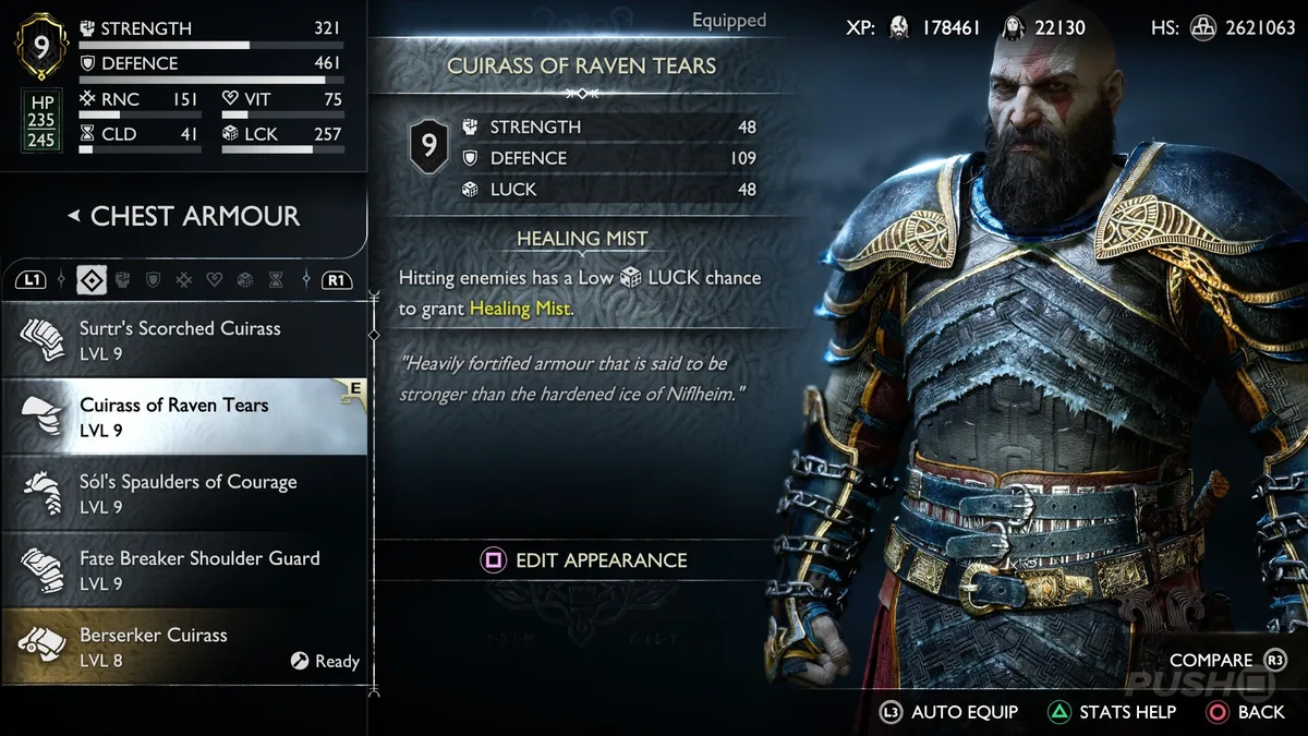 God of War Ragnarök Cuirass of Raven Tears iyileşme zırh ekranı - iyileşme odaklı Ölümsüz Kratos build