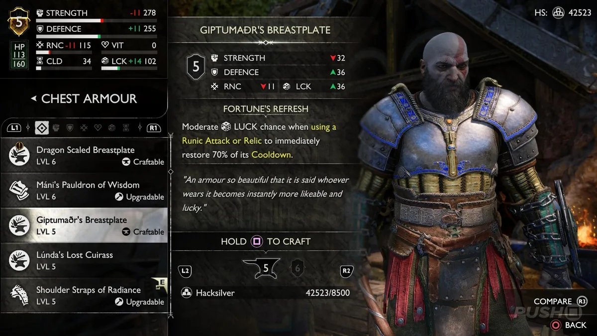 God of War Ragnarök Giptumadr's Breastplate şans zırh ekranı - şans odaklı Kumarbaz Kratos build