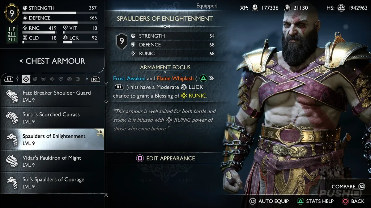 God of War Ragnarök Spaulders of Enlightenment runik zırh ekranı - runik odaklı Element Ustası Kratos build