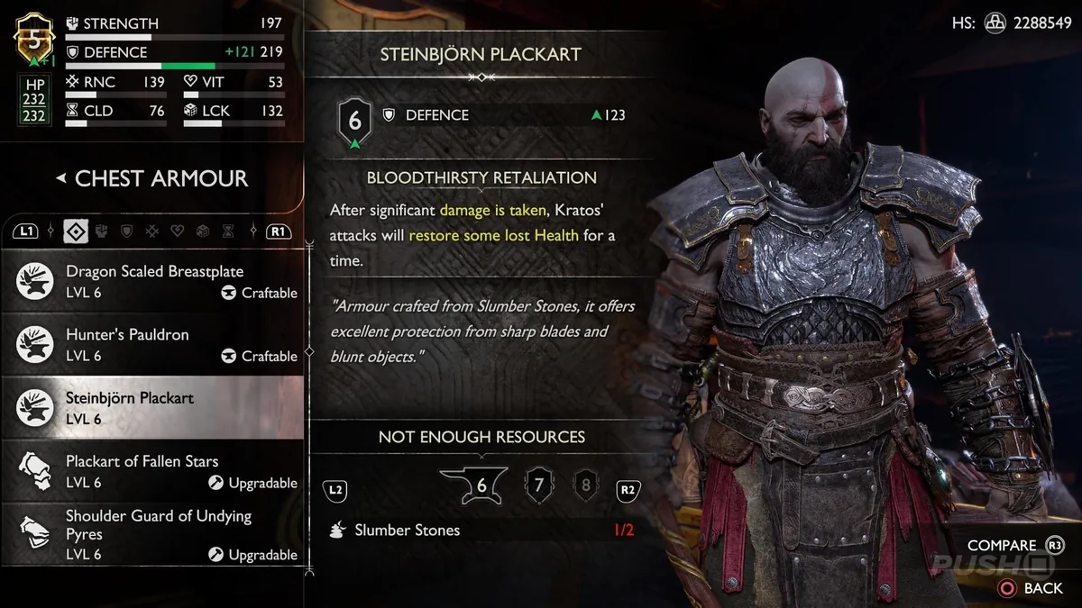 God of War Ragnarök Steinbjorn Plackart zırh ekranı - savunma odaklı Kırılmaz Kratos build