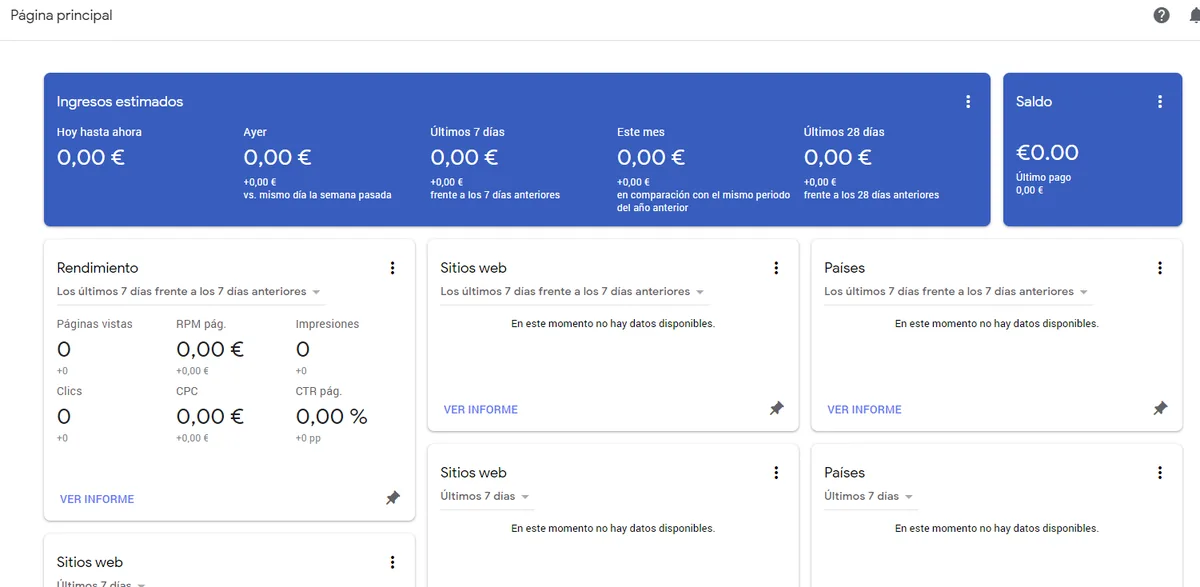 Google AdSense kontrol paneli: tahmini gelir, RPM, CPC ve CTR metriklerini gosteren resmi AdSense yonetim arayuzu