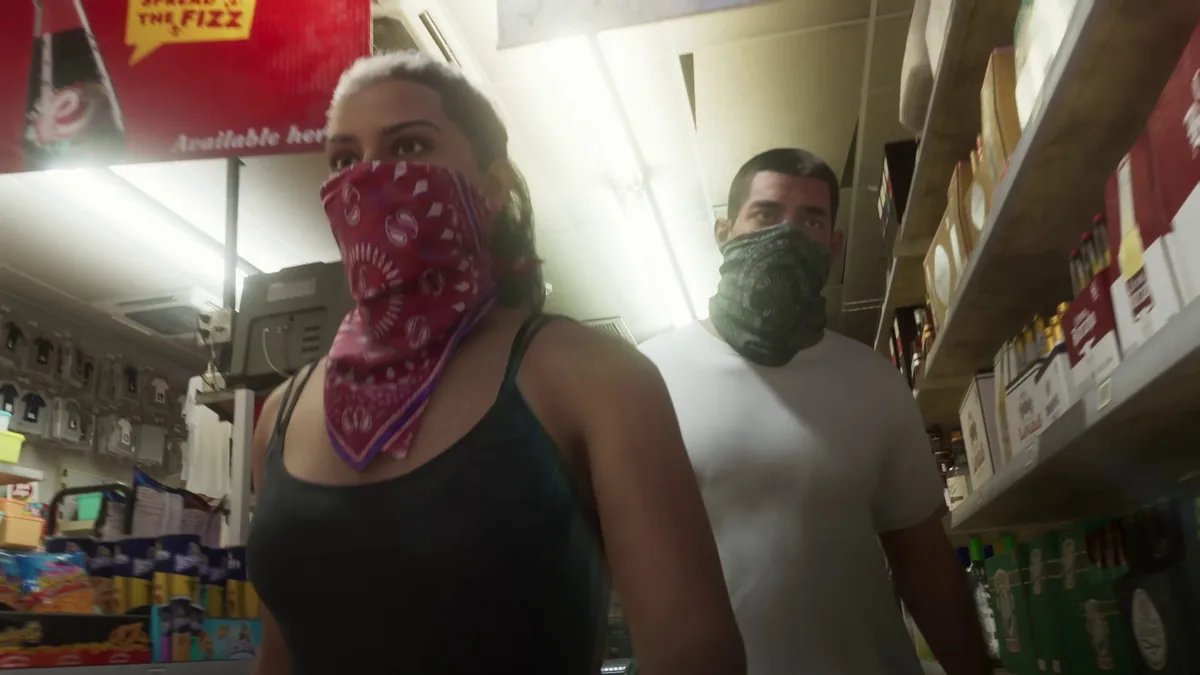 GTA 6 başrol karakterleri Jason Duval ve Lucia Caminos maskeli olarak, Trailer 1'den fragman karesi, Grand Theft Auto VI