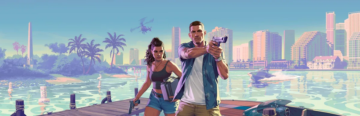 GTA 6 çıkış tarihi tanıtım görseli: Jason Duval ve Lucia Caminos Vice City arka planıyla, Grand Theft Auto VI resmî key art