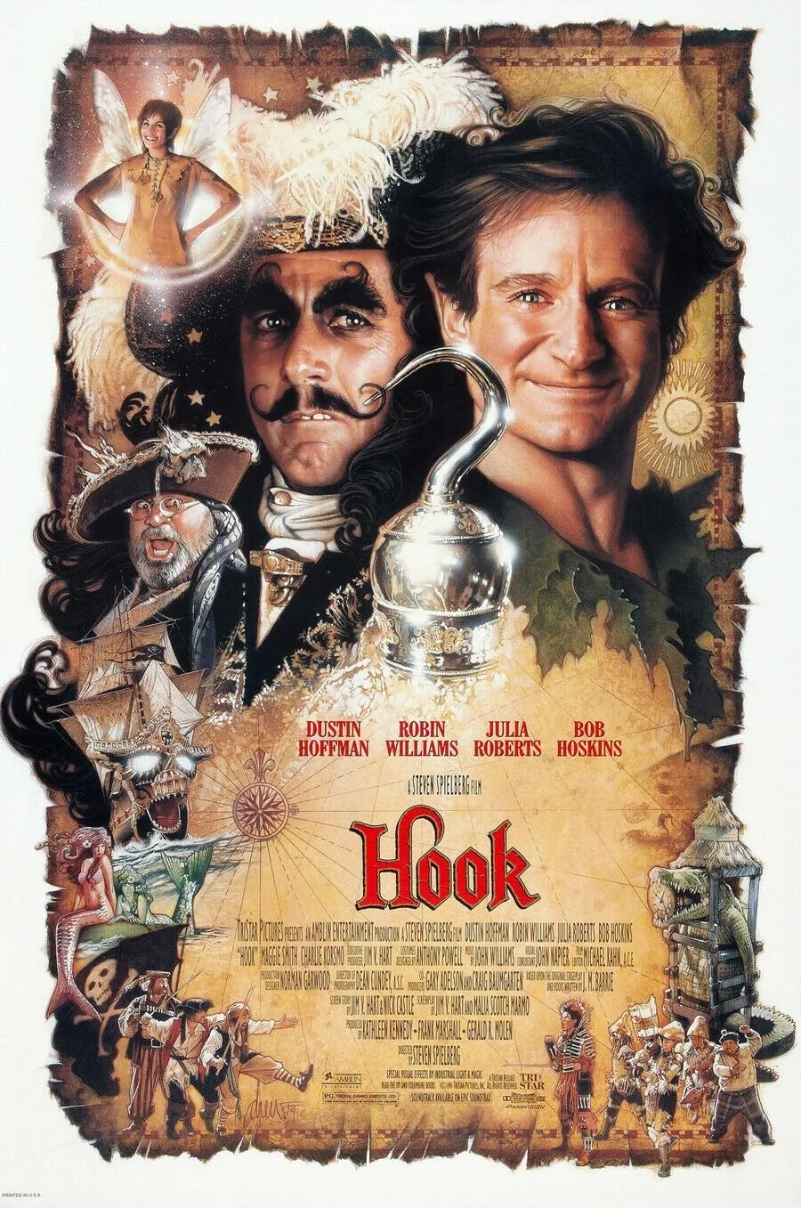 Hook 1991 filmi resmi afişi — Robin Williams Peter Pan rolünde Steven Spielberg yapımı