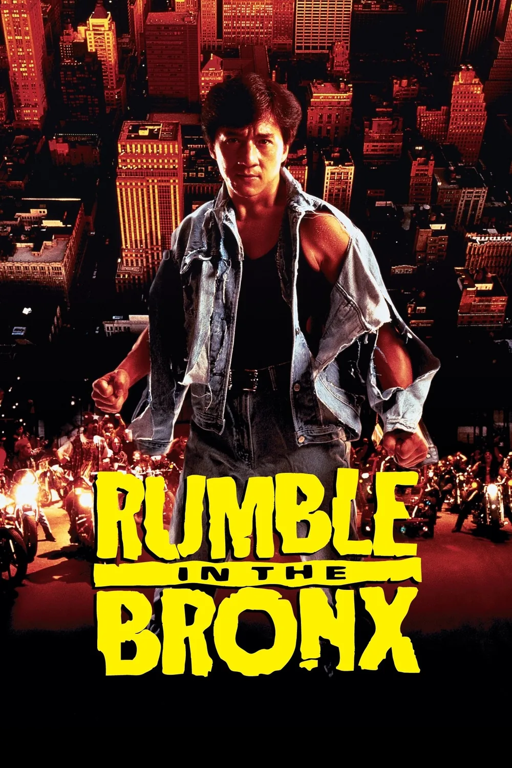 Jackie Chan'ın Rumble in the Bronx filminden akrobatik aksiyon pozu