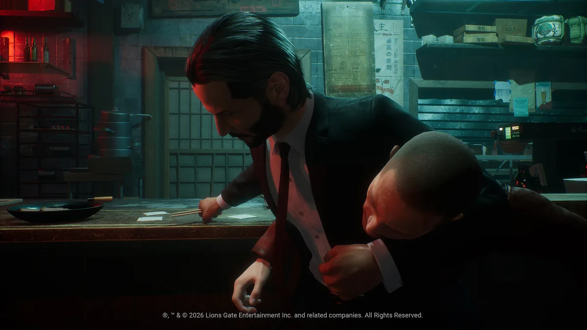 John Wick oyunu gun-fu aksiyon sahnesi: Saber Interactive yapımındaki John Wick oyunundan silahlı yakın dövüş koreografisini gösteren resmi ekran görüntüsü