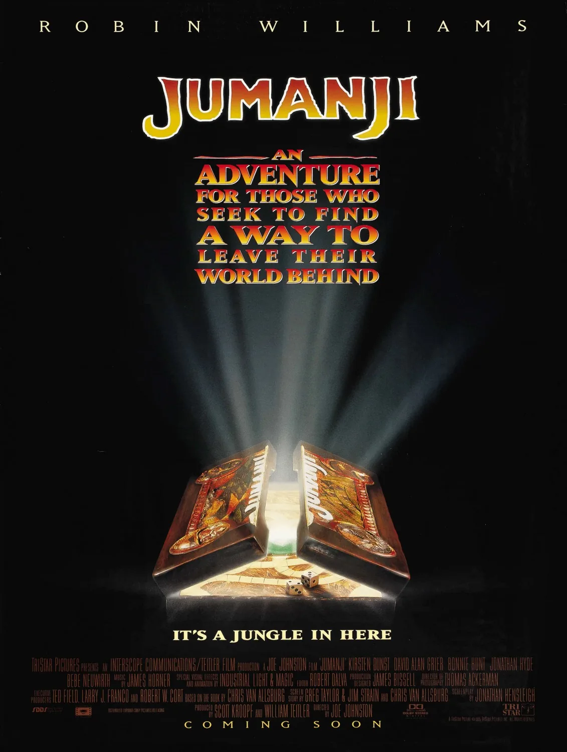 Jumanji 1995 filmi resmi afişi — Robin Williams sihirli kutu oyunuyla