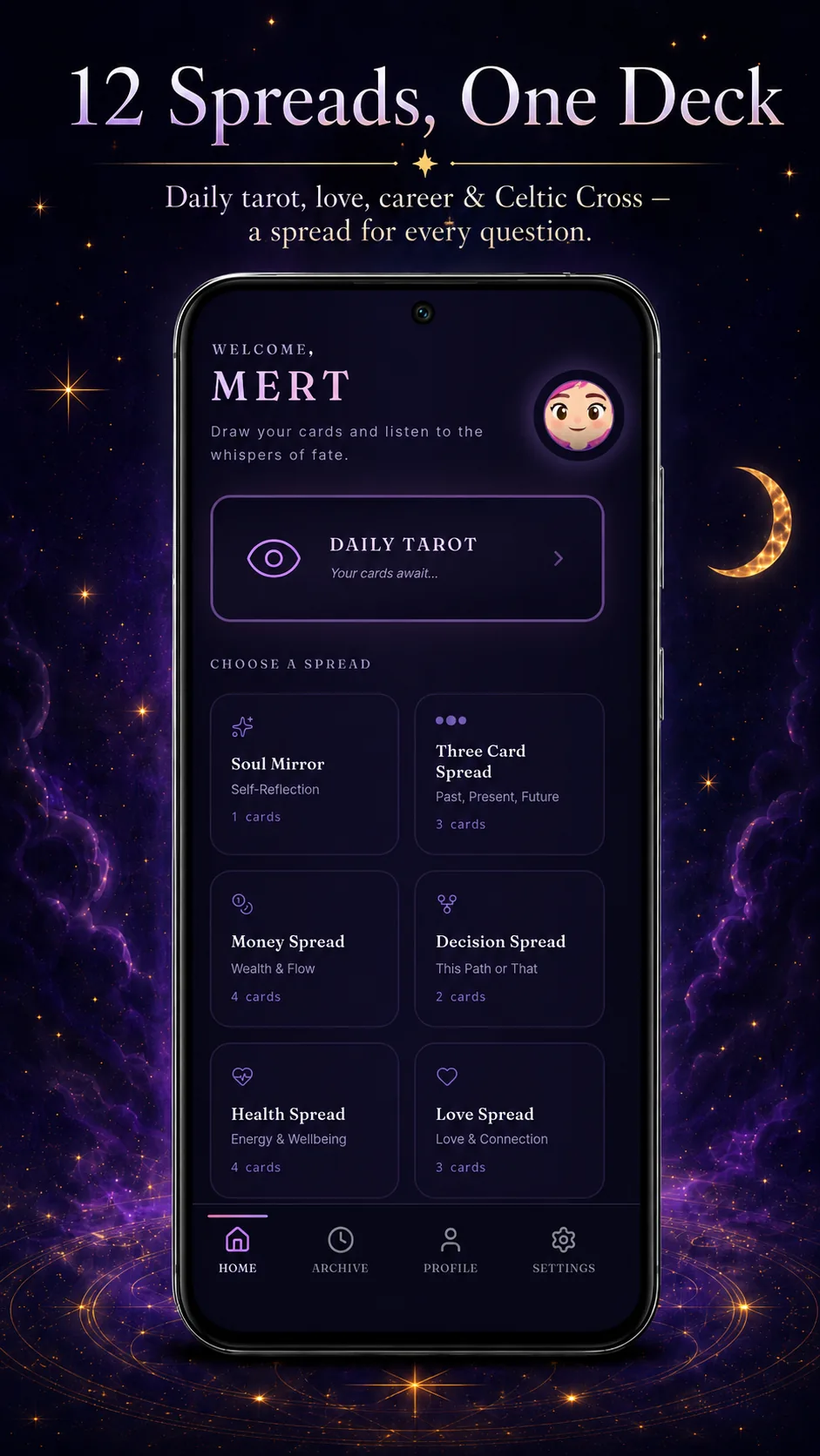 Kahin Diva tarot uygulaması ana ekranı — 12 farklı tarot açılımı ve Kelt Haçı seçenekleri