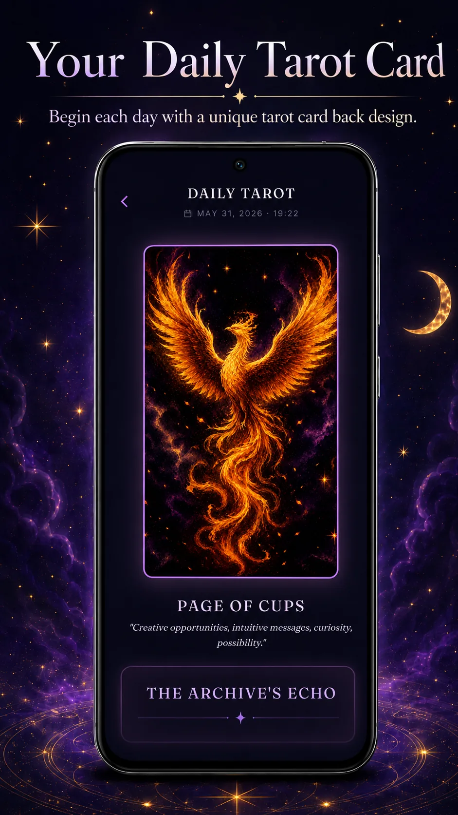 Kahin Diva uygulamasında günlük tarot kartı çekme ekranı — Page of Cups kartı ile günlük tarot falı