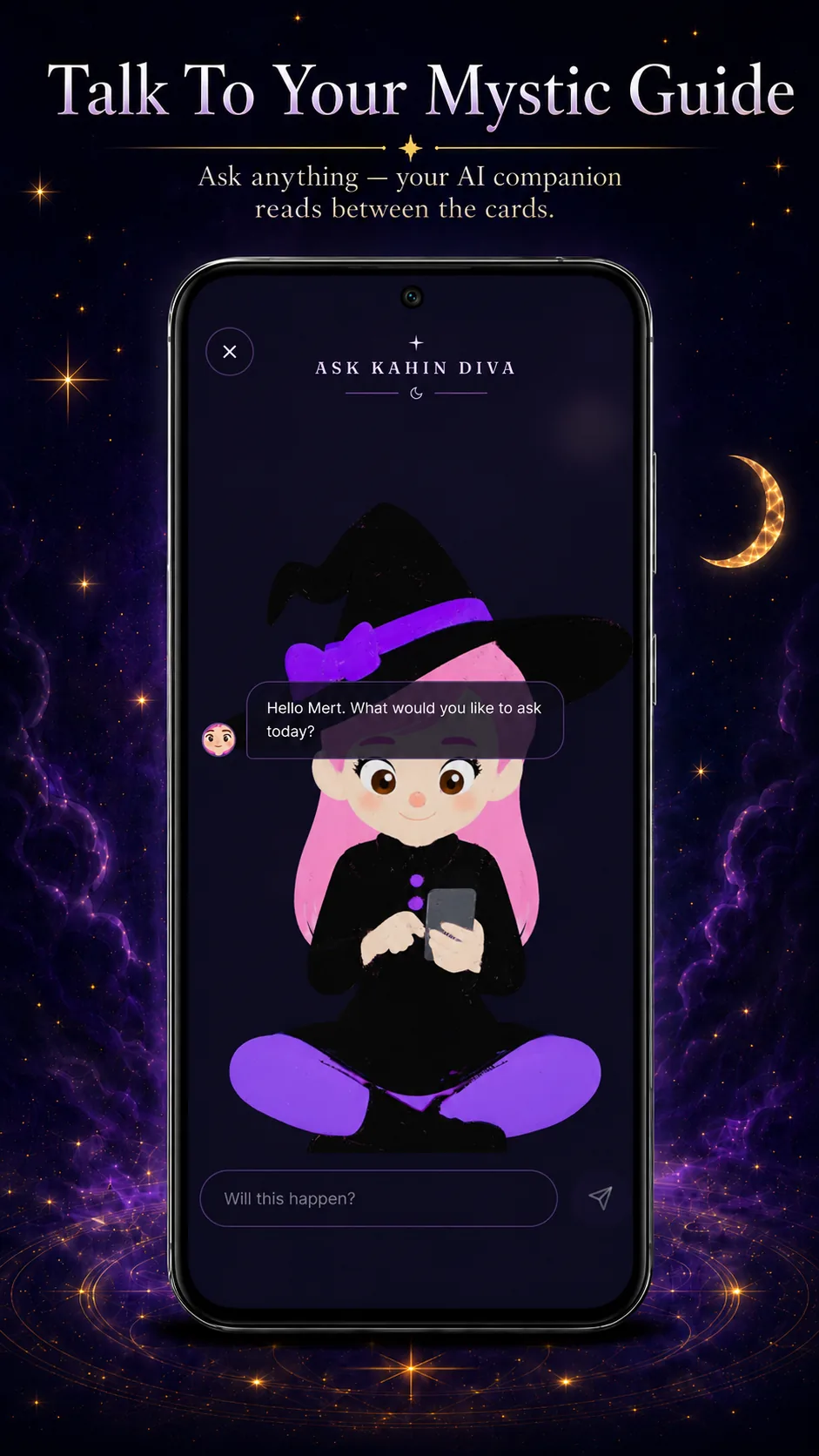 Kahin Diva yapay zeka yoldaş sohbet ekranı — Ask Kahin Diva AI tarot asistanı ile konuşma