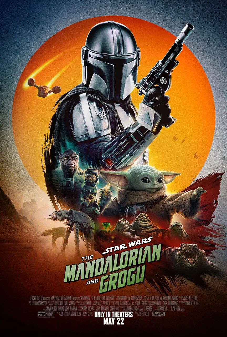 Star Wars Mandalorian ve Grogu filmi resmi key art — Mando, Grogu ve Hutt karakterleri galaktik atmosferde