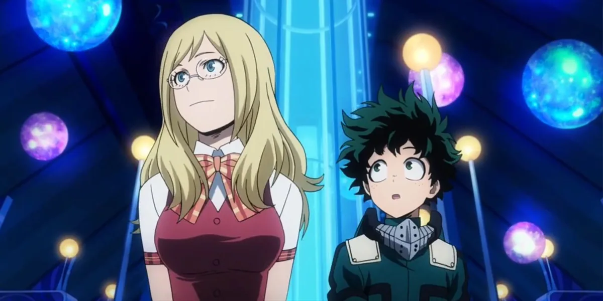 My Hero Academia Two Heroes filminden Midoriya ve Melissa Shield — I-Expo sahnesinden resmi film görseli