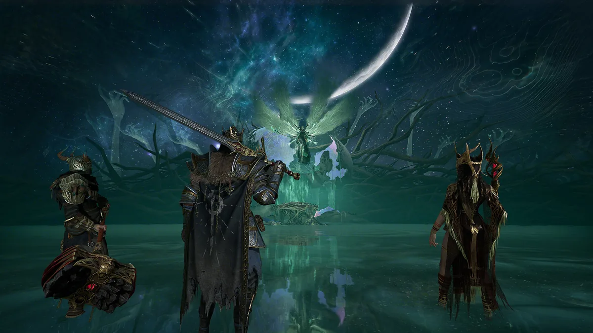 Mistfall Hunter dunya atmosferi: ucuncu sahis karanlik fantezi dunyasinda uc avci, arkaplanda isiksil Mist Lord benzeri varlik ve Gyldenmist sisi, Bellring Games