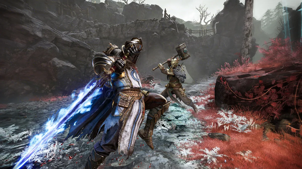 Mistfall Hunter savas karesi: ucuncu sahis karanlik fantezi dovusunde maviyle parlayan buyulu saldiri, Bellring Games PvPvE extraction RPG aksiyon sahnesi
