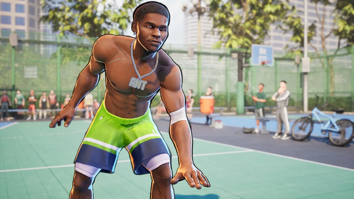 NBA THE RUN oyununda stilize karakter görsel kimliği: sokak sahasında savunma pozisyonunda NBA oyuncusu