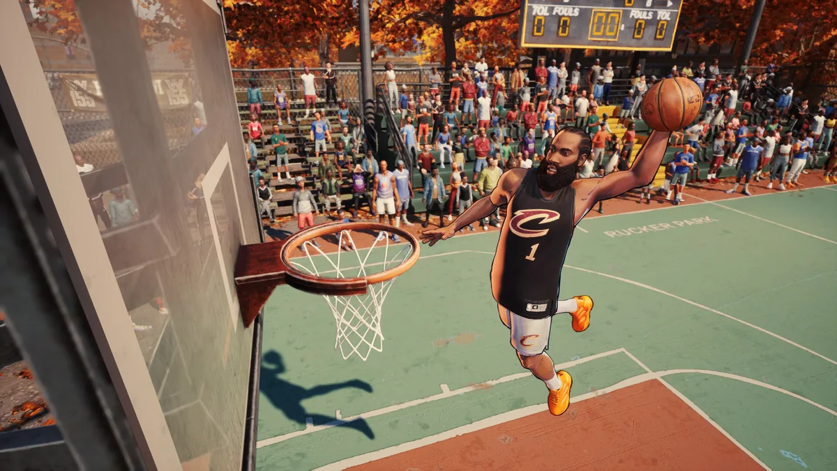 NBA THE RUN Rucker Park sahasında bir oyuncunun dinamik smaç hareketini gösteren oyun içi kare