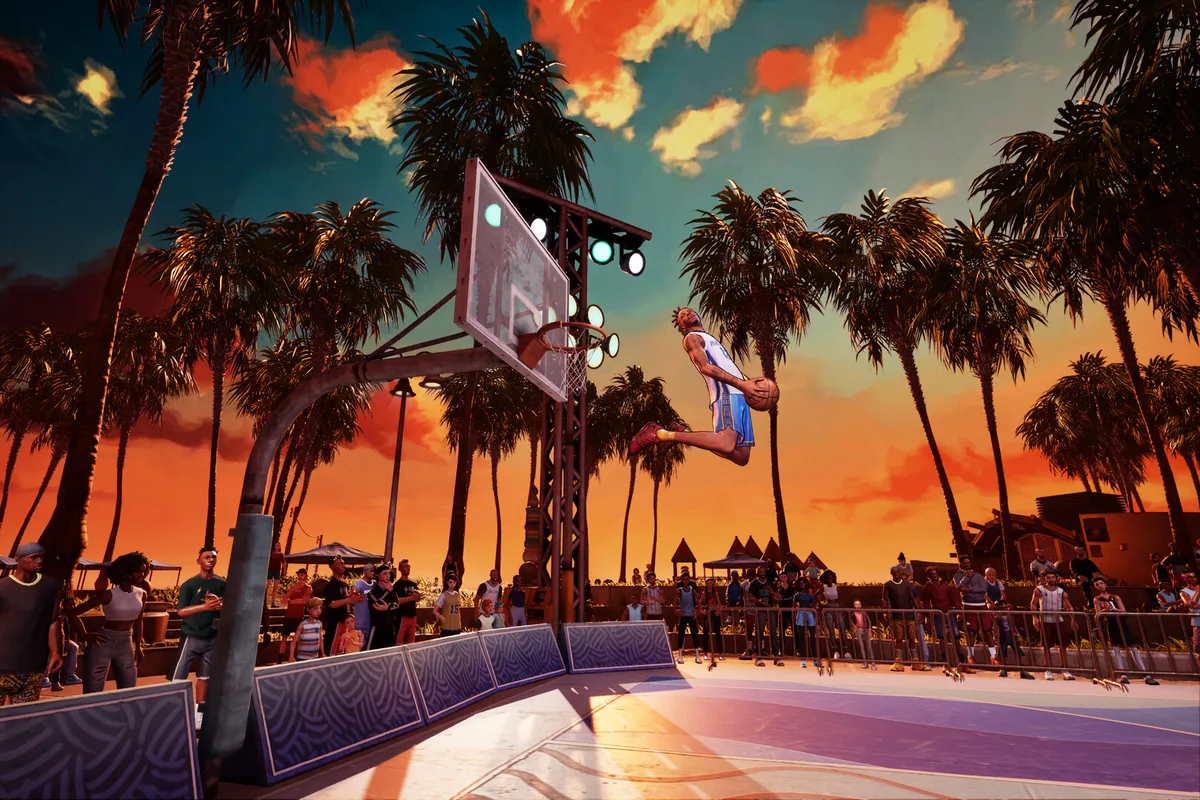 NBA THE RUN Venice Beach sokak sahasında 3v3 maç anında gösterişli smaç