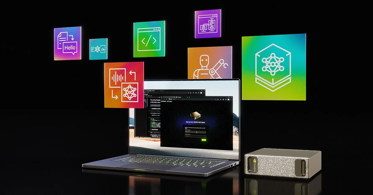 NVIDIA DGX Spark — GB10 Grace Blackwell Superchip destekli masaüstü AI sistemi; büyük dil modeli, kod üretimi, ajan ve çok kipli AI ikonlarıyla tanıtım görseli.