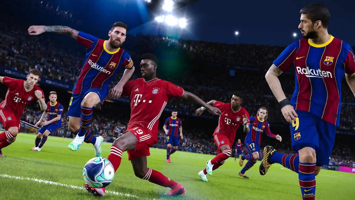 PES 2021 resmi Steam oyun içi ekran görüntüsü — hücum sahnesini gösteren Konami yayıncısı görseli