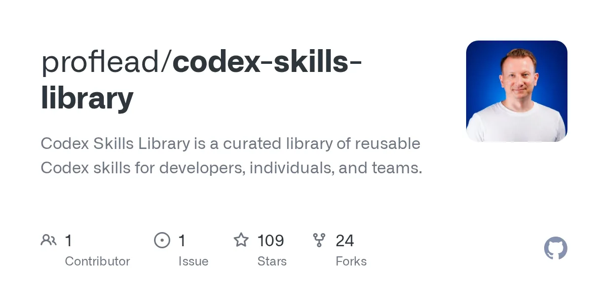 proflead/codex-skills-library GitHub deposu — 14 alana göre düzenlemiş Codex skill kütüphanesi