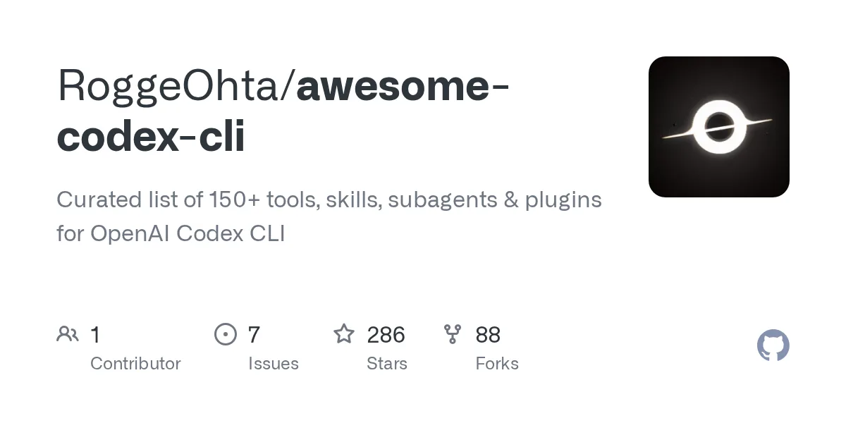 RoggeOhta/awesome-codex-cli GitHub deposu — Codex CLI ekosistemine özel 280 üzeri kaynak listesi