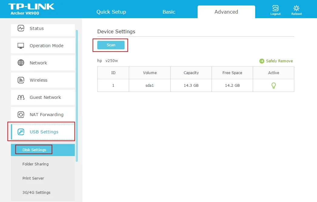 TP-Link Archer VR900 router yönetim paneli — USB Ayarları menüsünde Yazıcı Sunucusu (Print Server) seçeneği