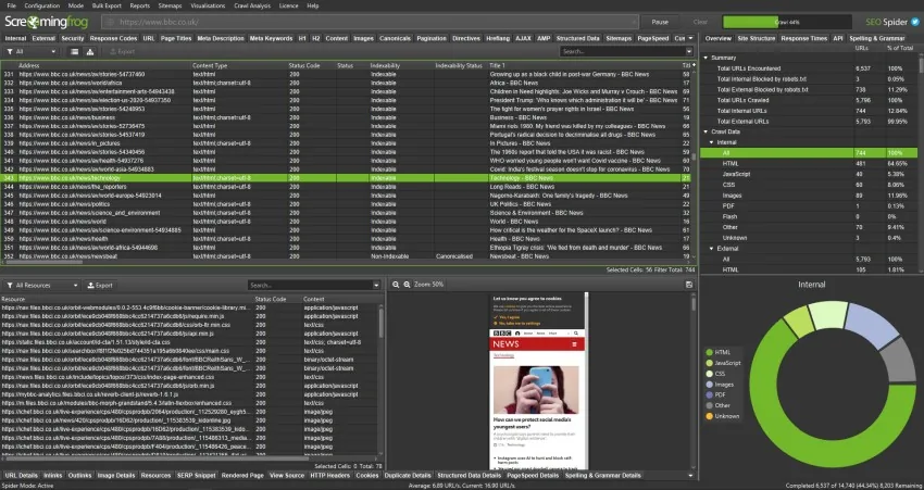 Screaming Frog SEO Spider yazılımı karanlık mod arayüz ekran görüntüsü
