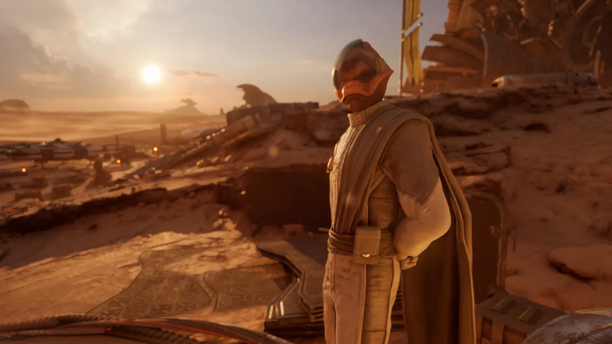 STAR WARS Galactic Racer oyunun baş karakteri - çöl ortamında harabenin önünde duran maskeli pilot sahnesi